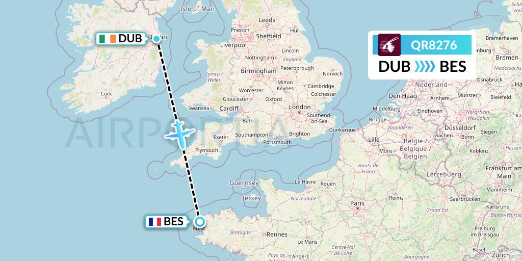 QR8276 Qatar Airways Flight Map: Dublin to Brest