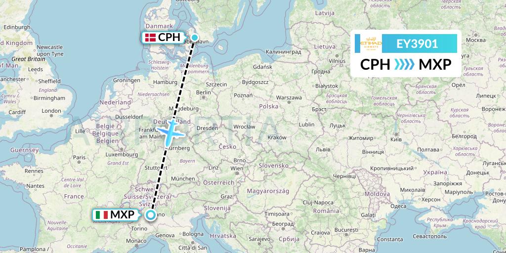 EY3901 Etihad Airways Flight Map: Copenhagen to Milan