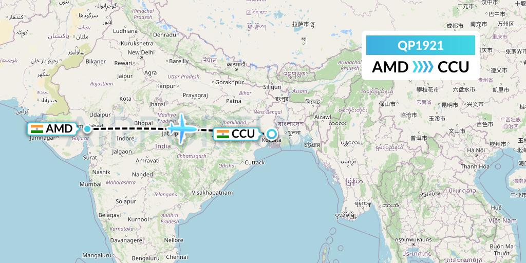 QP1921 Akasa Air Flight Map: Ahmedabad to Kolkata