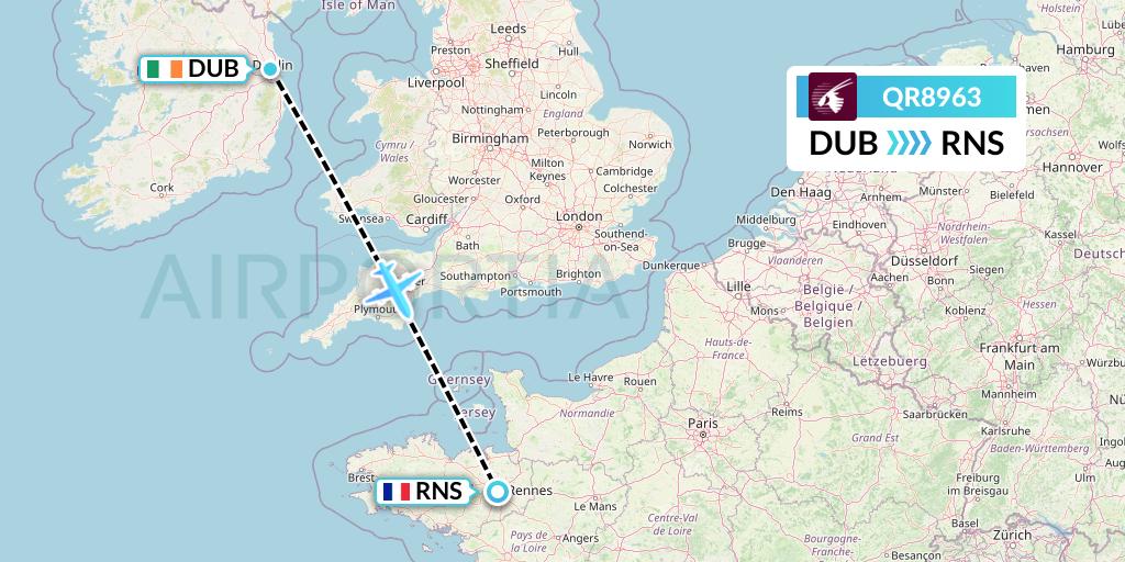 QR8963 Qatar Airways Flight Map: Dublin to Rennes