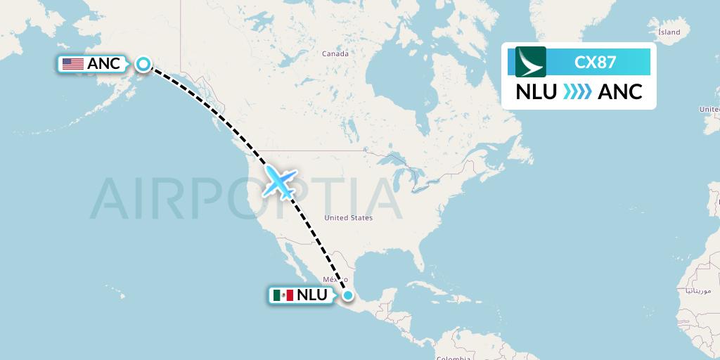 CX87 Cathay Pacific Flight Map: Reyes Acozac to Anchorage
