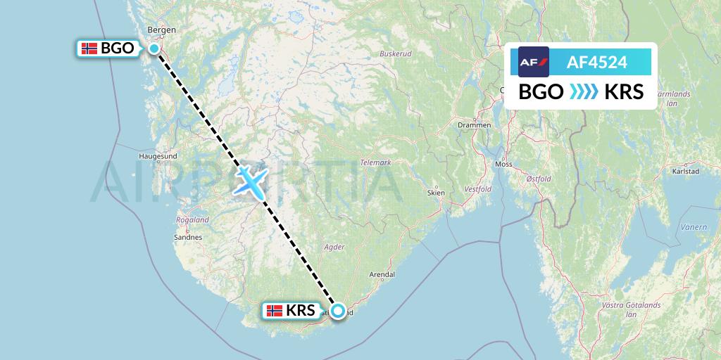 AF4524 Air France Flight Map: Bergen to Kristiansand