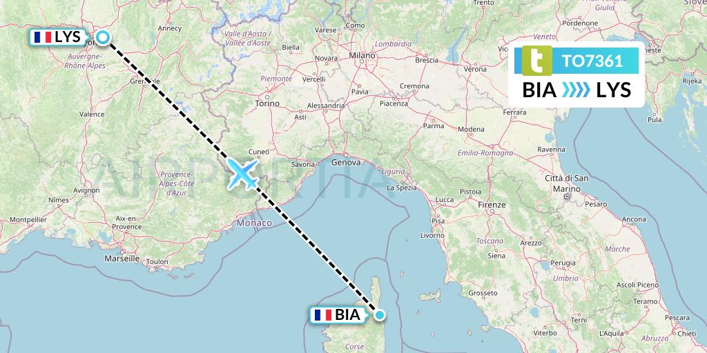 TO7361 Transavia France Flight Map: Bastia to Lyon