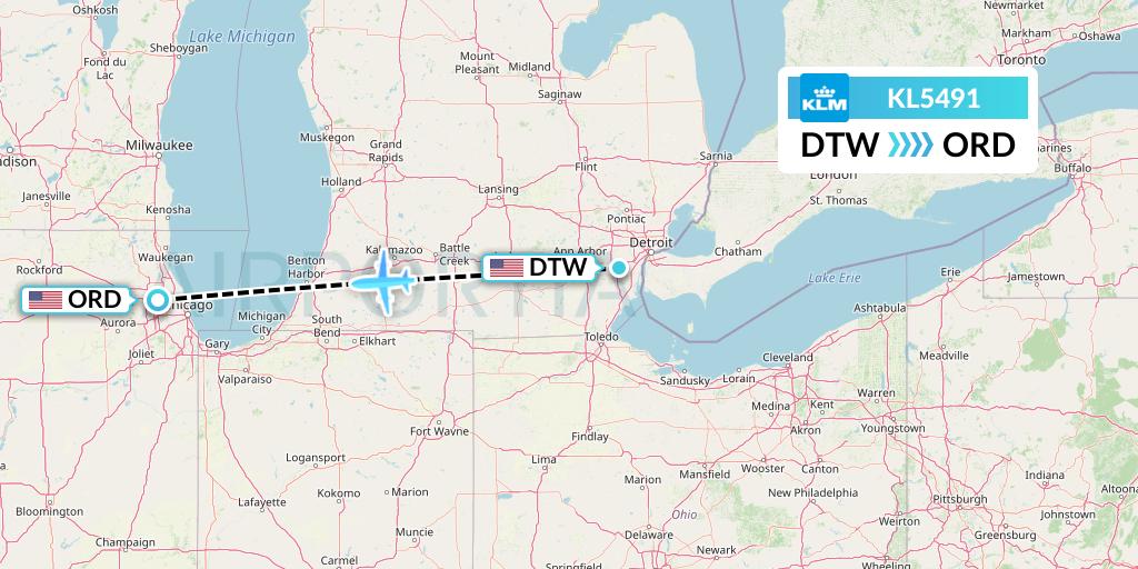 KL5491 KLM Flight Map: Detroit to Chicago