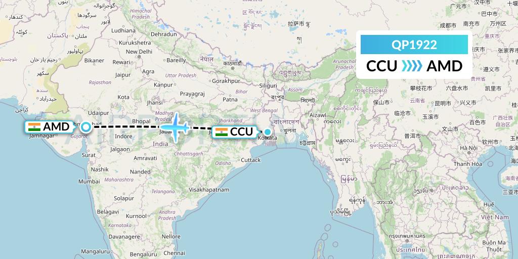QP1922 Akasa Air Flight Map: Kolkata to Ahmedabad