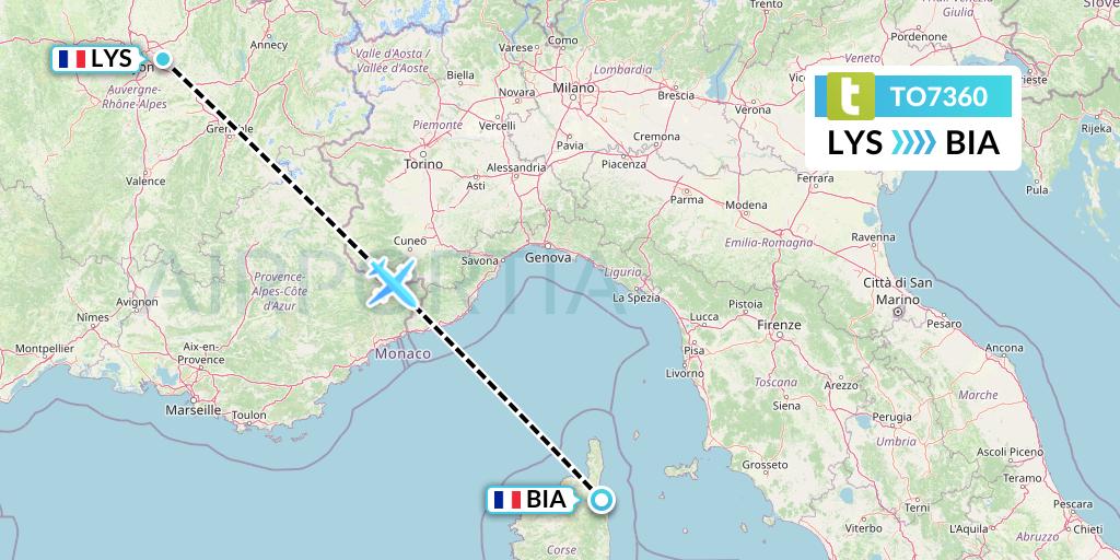 TO7360 Transavia France Flight Map: Lyon to Bastia
