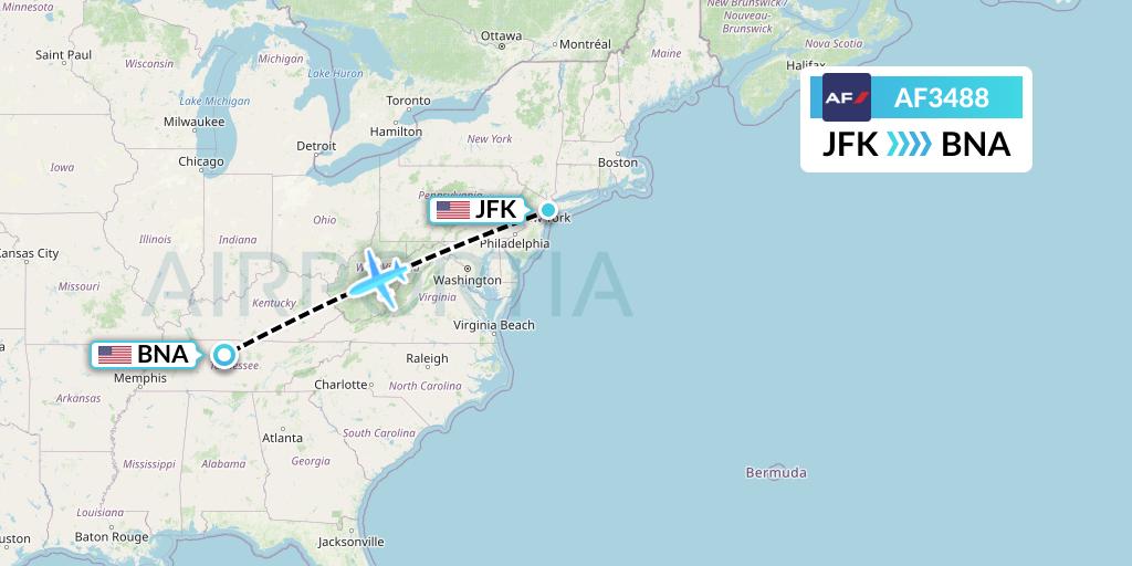 AF3488 Air France Flight Map: New York to Nashville