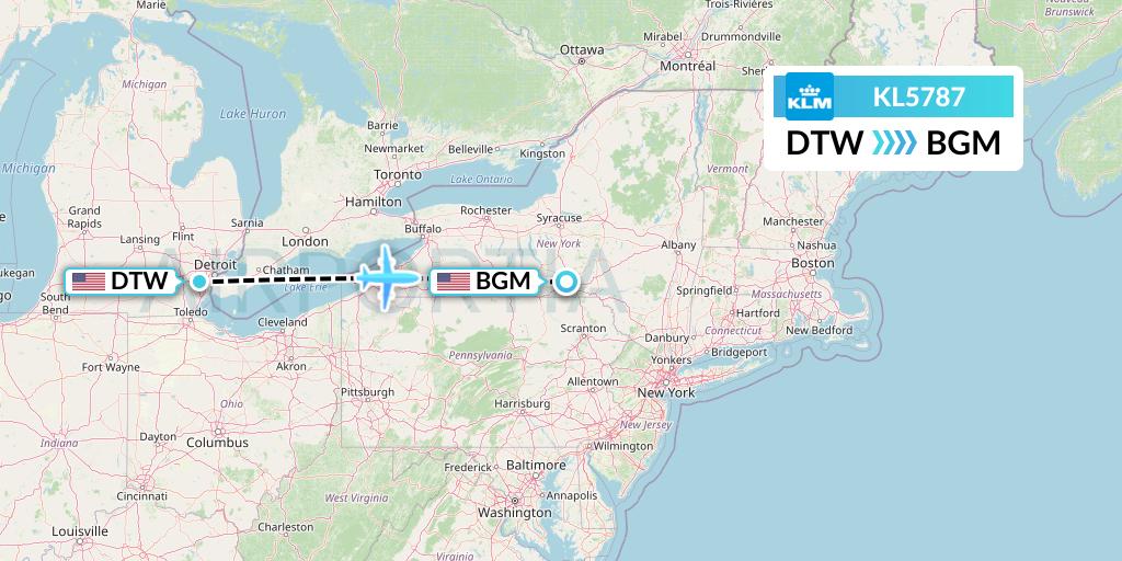 KL5787 KLM Flight Map: Detroit to Binghamton