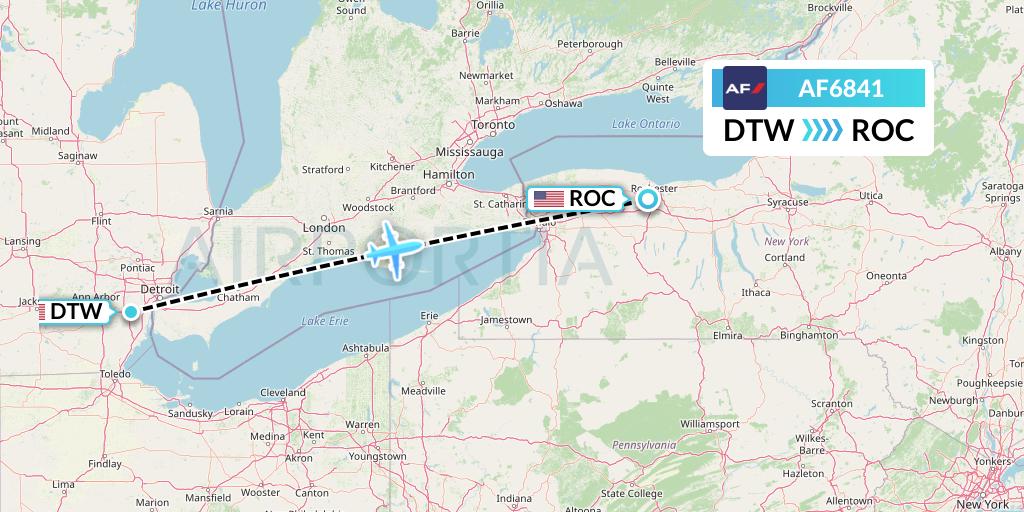 AF6841 Air France Flight Map: Detroit to Rochester