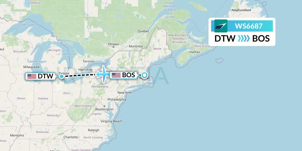 WS6687 WestJet Flight Map: Detroit to Boston