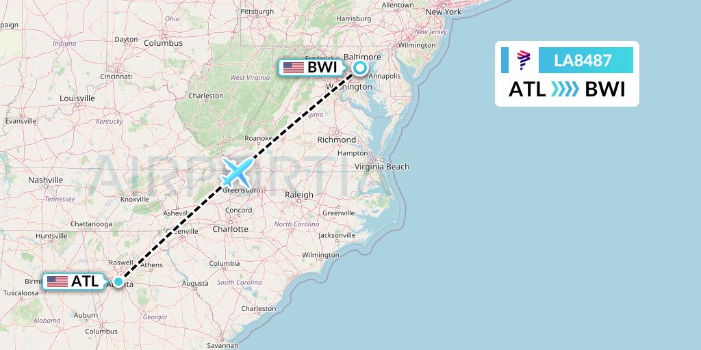 LA8487 LAN Airlines Flight Map: Atlanta to Baltimore