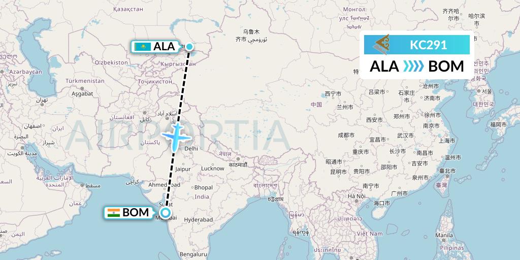 KC291 Air Astana Flight Map: Almaty to Mumbai