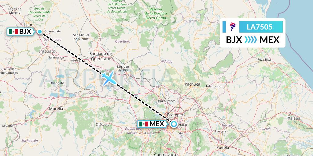 LA7505 LAN Airlines Flight Map: Silao to Mexico City
