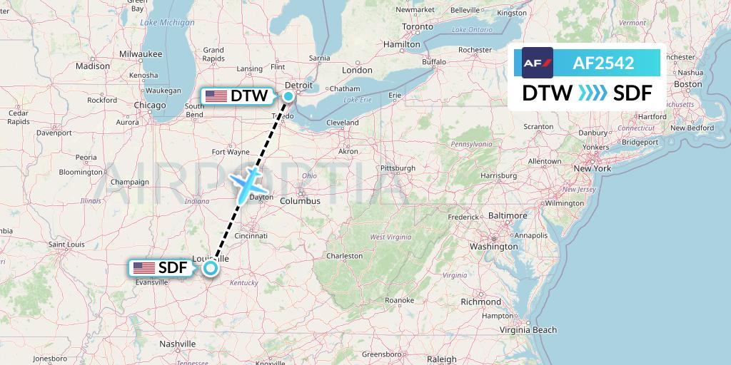 AF2542 Air France Flight Map: Detroit to Louisville