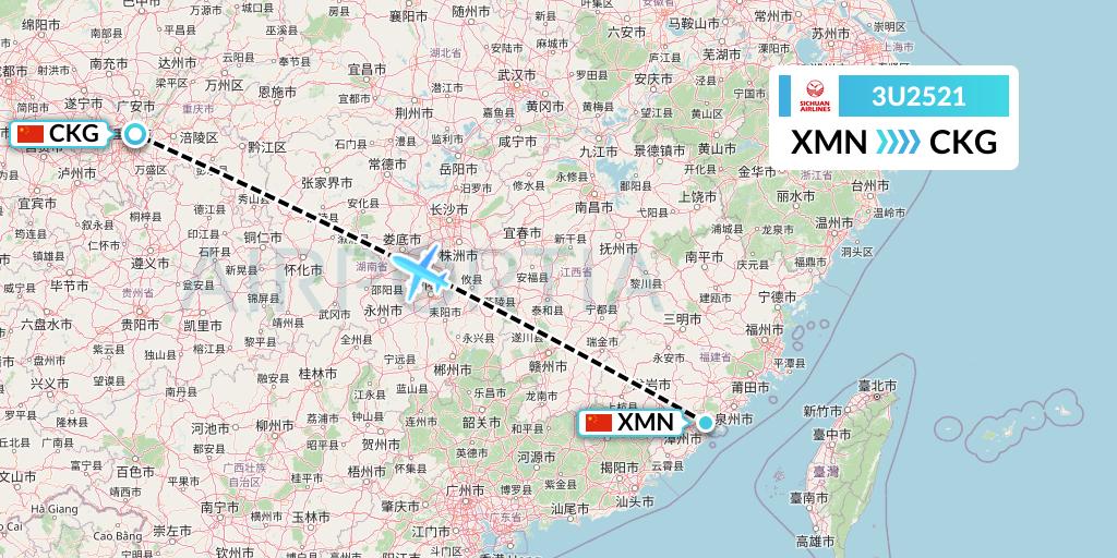 3U2521 Sichuan Airlines Flight Map: Xiamen to Chongqing