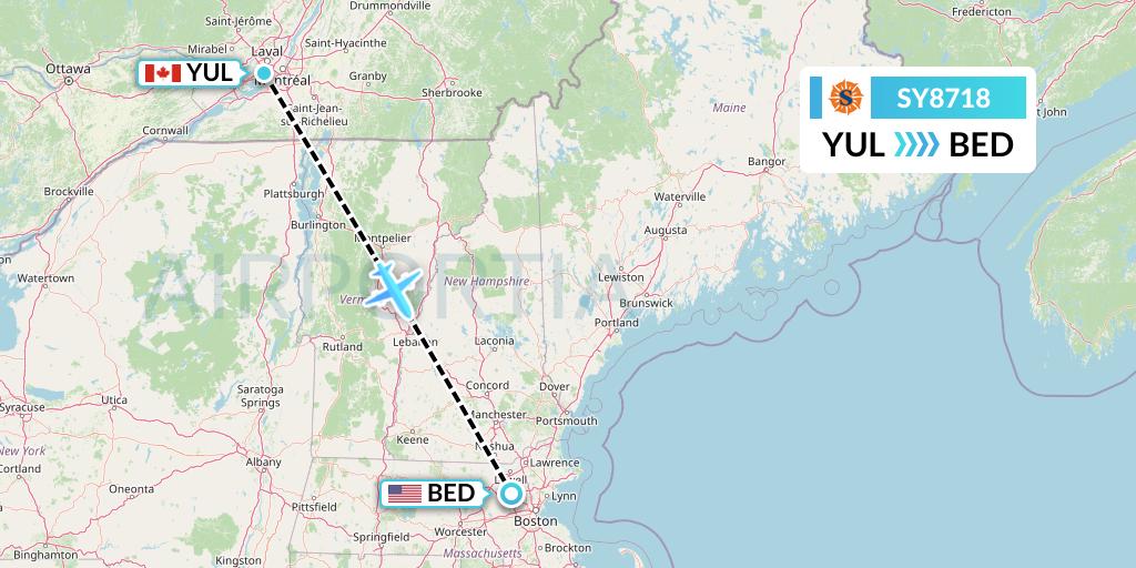 SY8718 Sun Country Airlines Flight Map: Montreal to Bedford