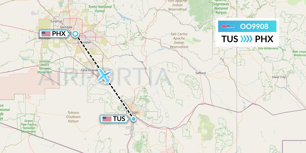 OO9908 SkyWest Airlines Flight Map: Tucson to Phoenix