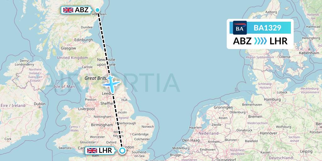 BA1329 British Airways Flight Map: Aberdeen to London