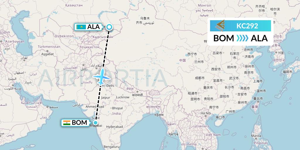 KC292 Air Astana Flight Map: Mumbai to Almaty