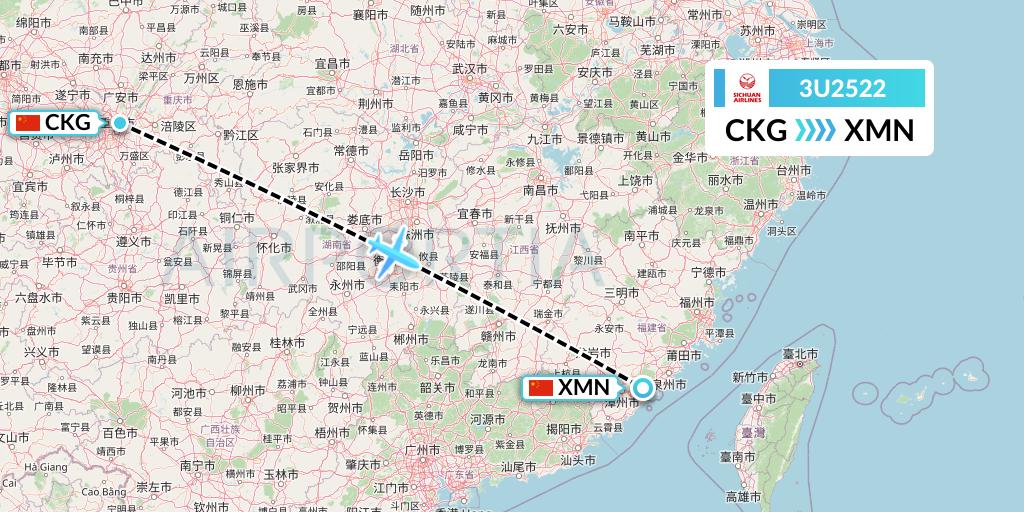 3U2522 Sichuan Airlines Flight Map: Chongqing to Xiamen