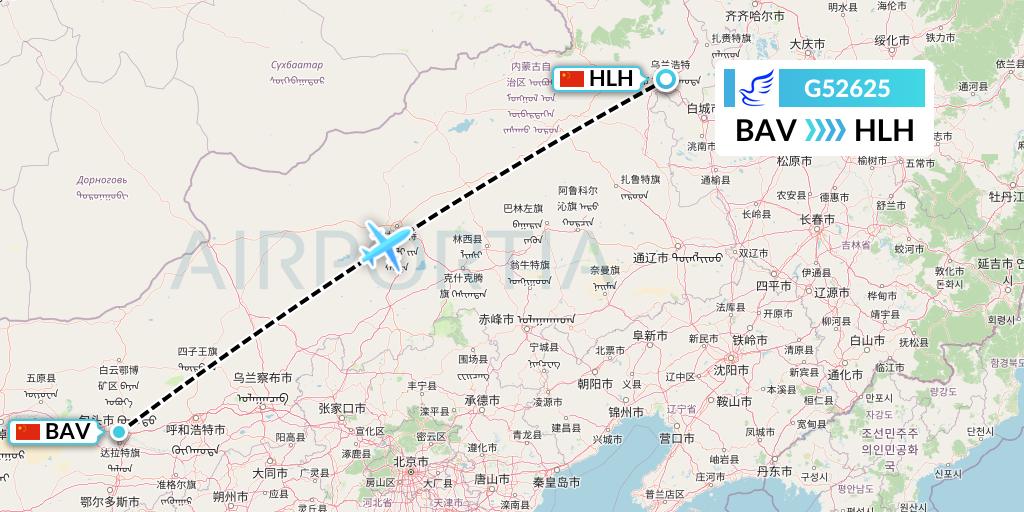 G52625 China Express Airlines Flight Map: Baotou to Ulanhot
