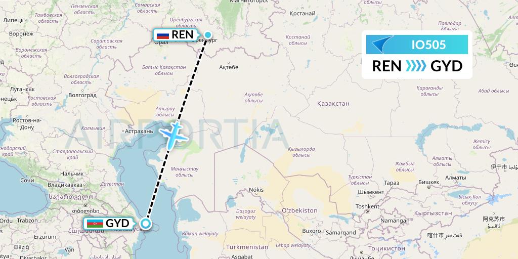 IO505 IrAero Flight Map: Orenburg to Baku