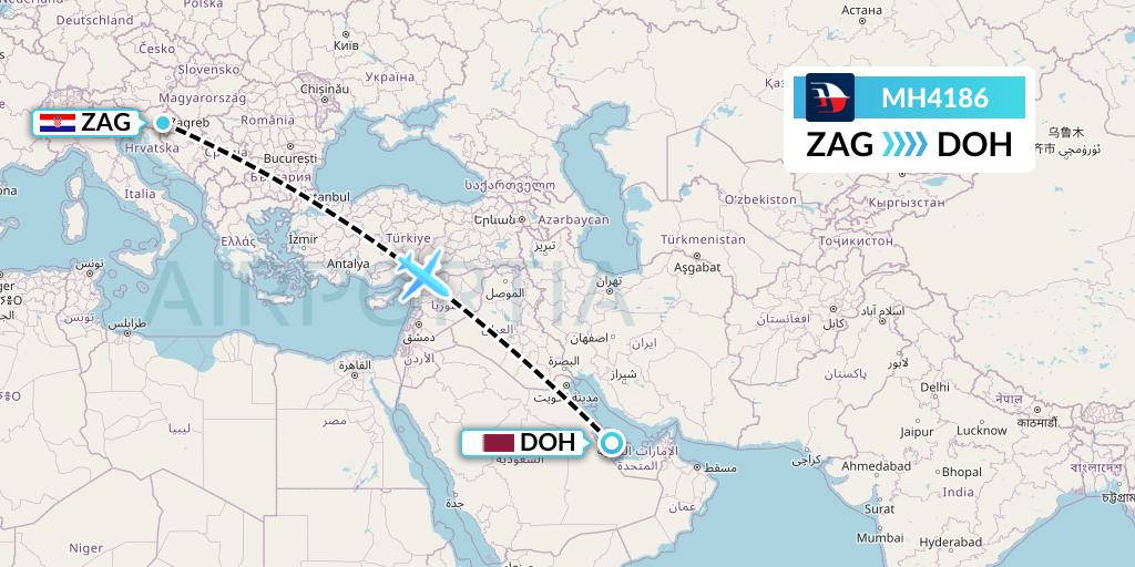 MH4186 Malaysia Airlines Flight Map: Zagreb to Doha