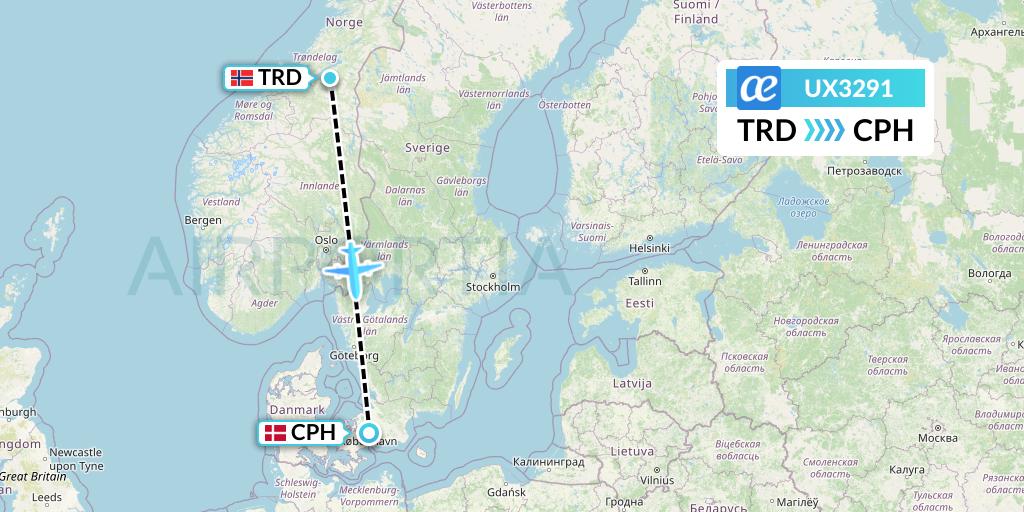 UX3291 Air Europa Flight Map: Trondheim to Copenhagen