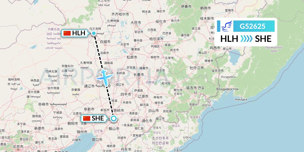 G52625 China Express Airlines Flight Map: Ulanhot to Shenyang