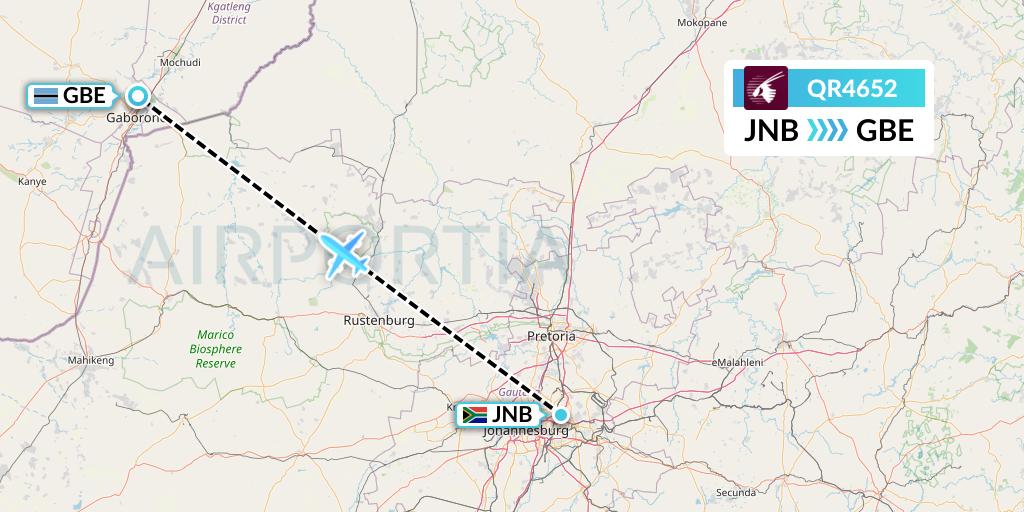 QR4652 Qatar Airways Flight Map: Johannesburg to Gaborone