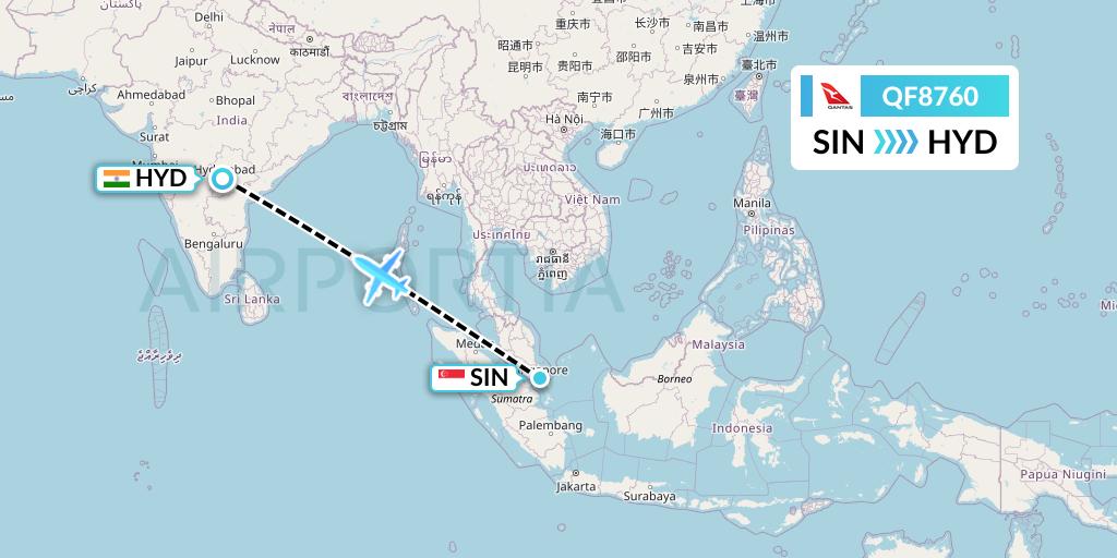 QF8760 Qantas Flight Map: Singapore to Hyderabad