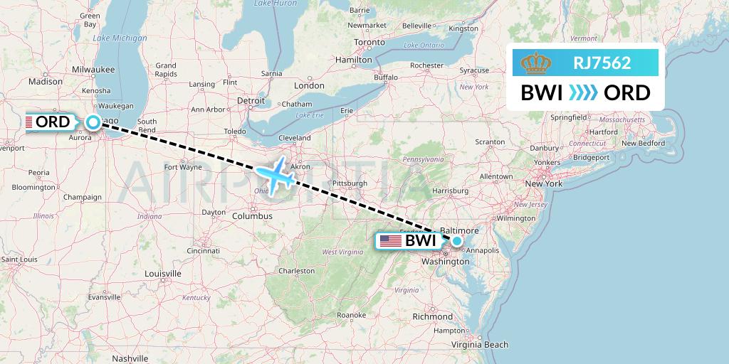 RJ7562 Royal Jordanian Flight Map: Baltimore to Chicago