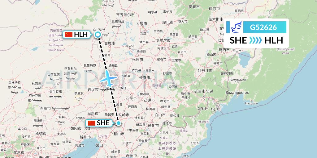 G52626 China Express Airlines Flight Map: Shenyang to Ulanhot