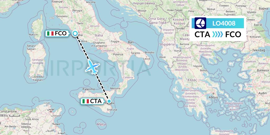LO4008 LOT Flight Map: Catania to Rome