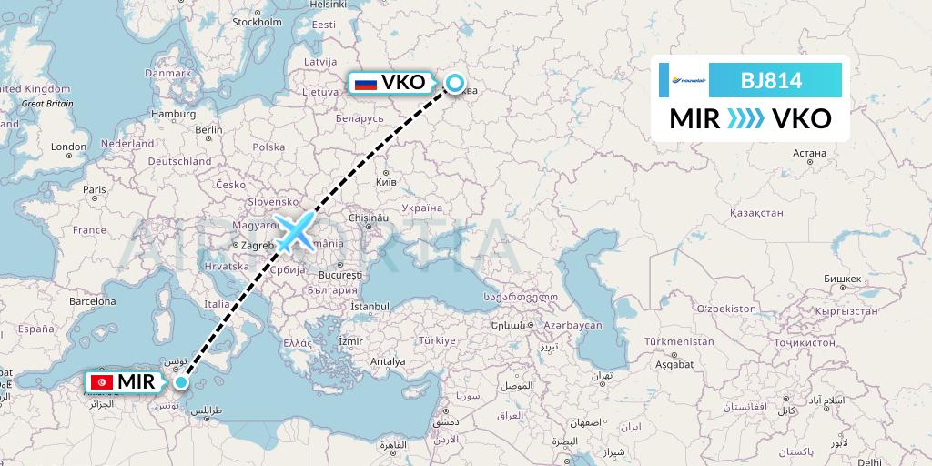 BJ814 Nouvelair Tunisie Flight Map: Monastir to Moscow