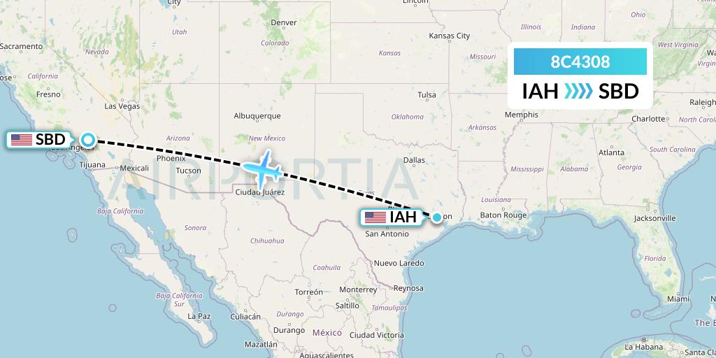 8C4308 Air Transport International Flight Map: Houston to San Bernardino