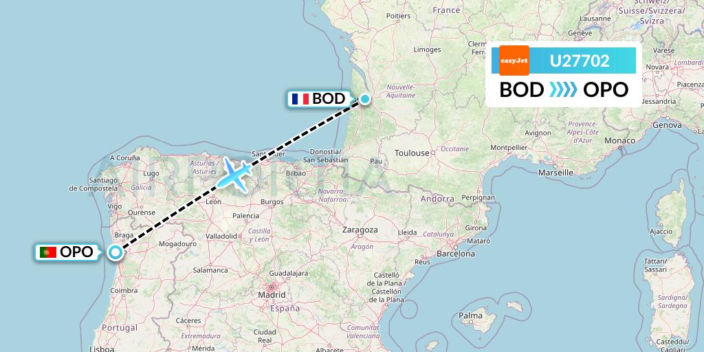 U27702 EasyJet Flight Map: Bordeaux to Porto