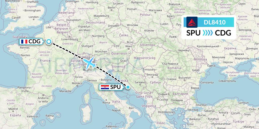 DL8410 Delta Air Lines Flight Map: Split to Paris
