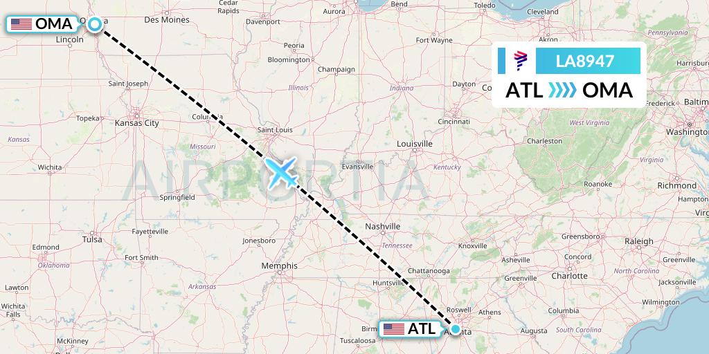 LA8947 LAN Airlines Flight Map: Atlanta to Omaha