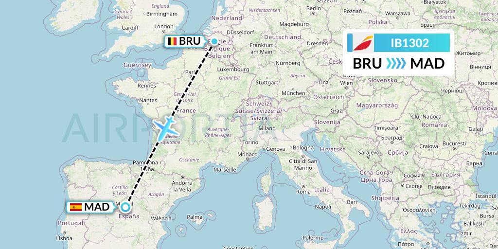 IB1302 Iberia Flight Map: Brussels to Madrid