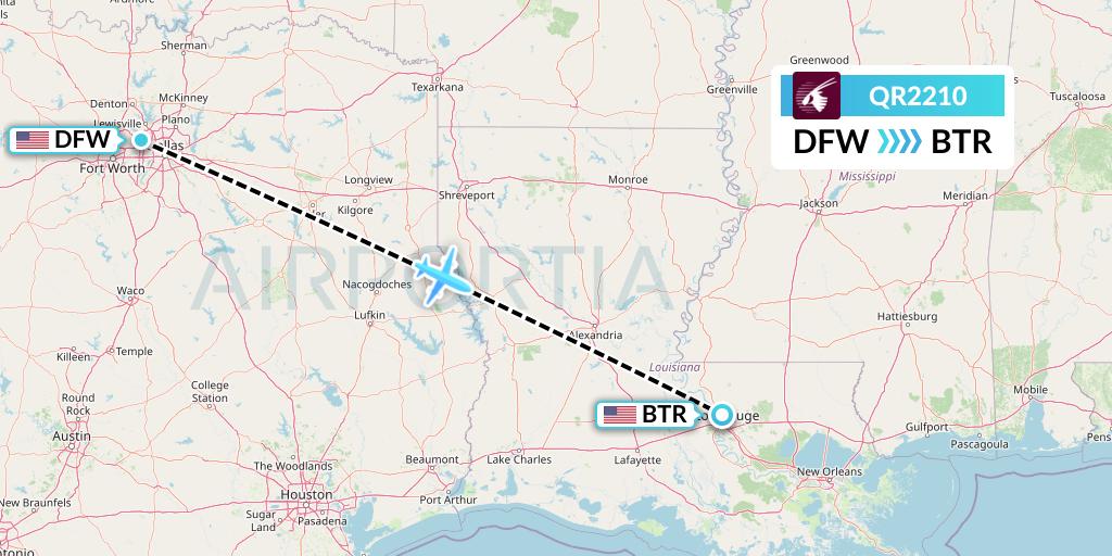 QR2210 Qatar Airways Flight Map: Dallas to Baton Rouge