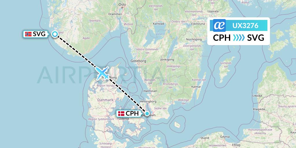 UX3276 Air Europa Flight Map: Copenhagen to Stavanger