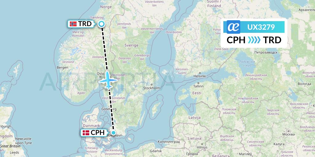 UX3279 Air Europa Flight Map: Copenhagen to Trondheim