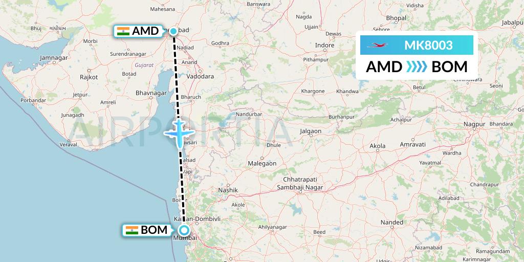 MK8003 Air Mauritius Flight Map: Ahmedabad to Mumbai