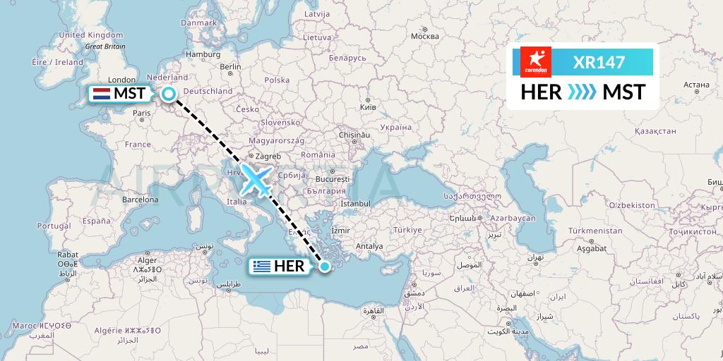 XR147 Corendon Airlines Europe Flight Map: Heraklion to Maastricht