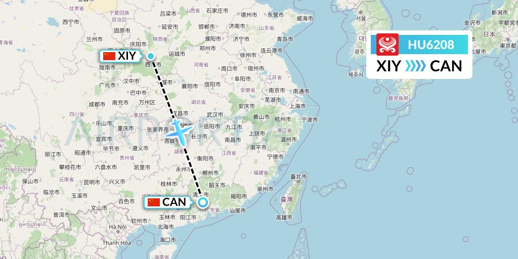 HU6208 Hainan Airlines Flight Map: Xi'an to Guangzhou