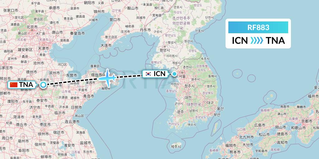 RF883 Aero K Airlines Flight Map: Seoul to Jinan