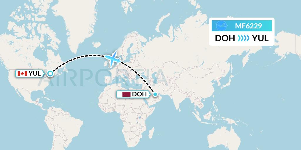 MF6229 Xiamen Airlines Flight Map: Doha to Montreal