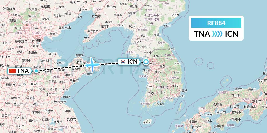 RF884 Aero K Airlines Flight Map: Jinan to Seoul