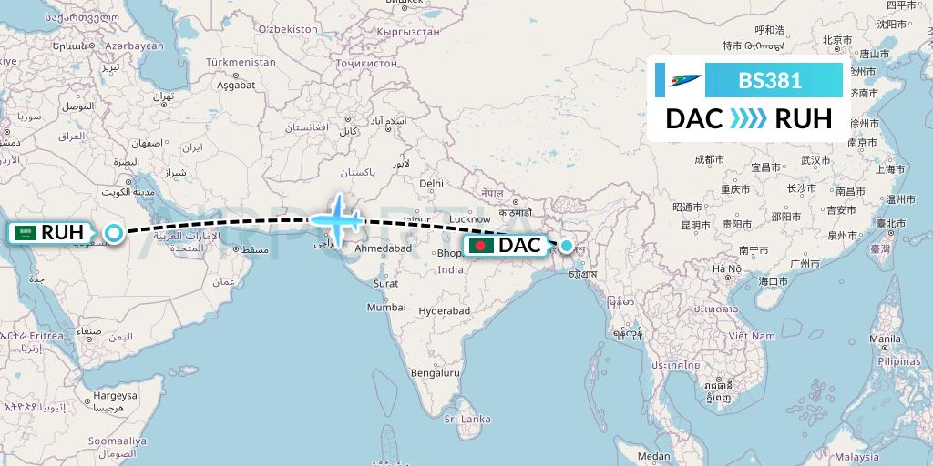 BS381 US-Bangla Airlines Flight Map: Dhaka to Riyadh